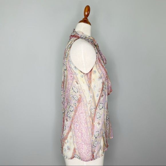 DREW Silk chiffon Multicolor Paisley Pussy Bow Tie Neck Snap Back Tank Size XS - Picture 7 of 10